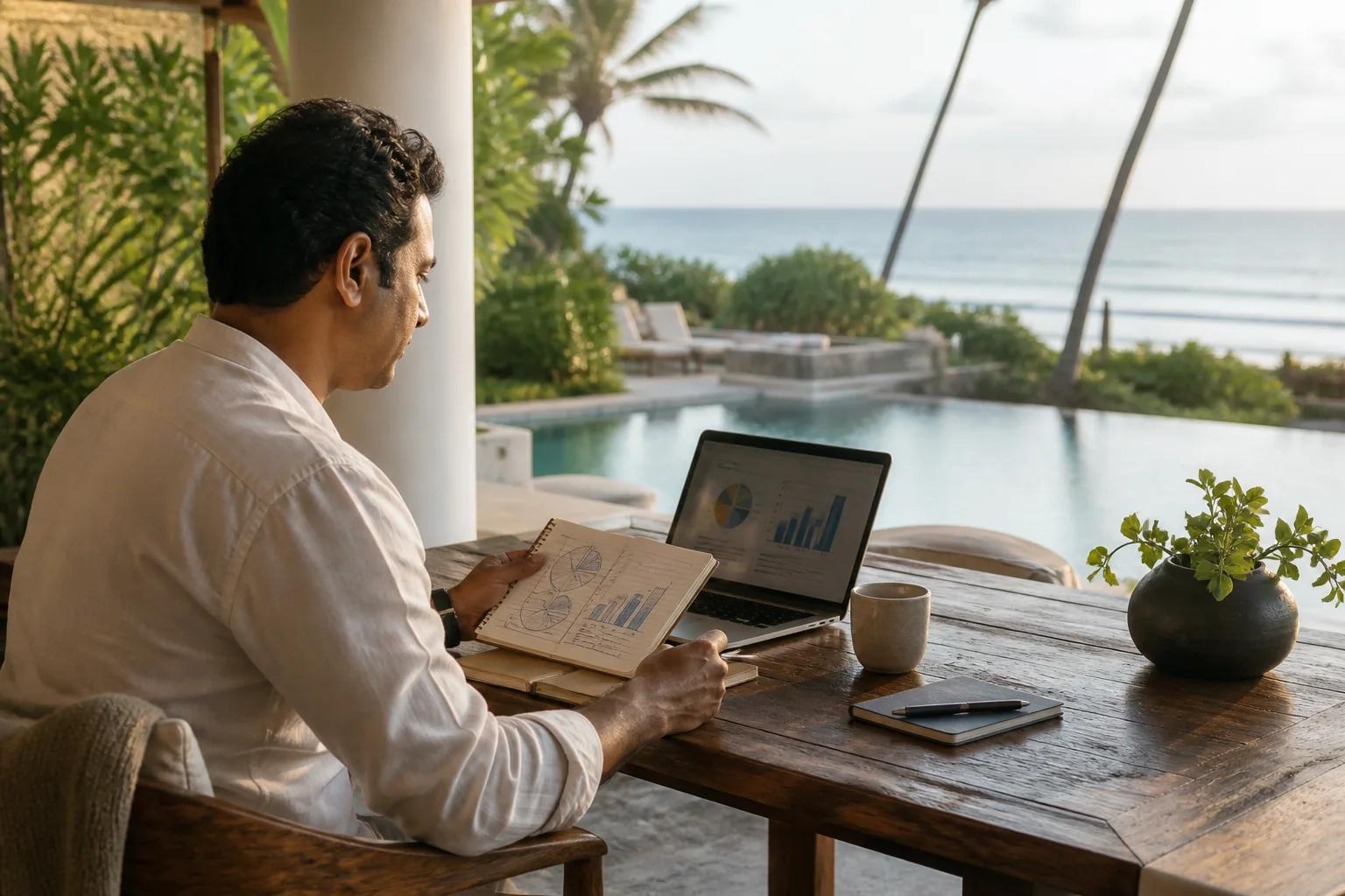 Sri Lankan hotel manager reviewing a marketing budget at a coastal boutique hotel